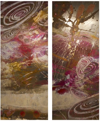 Marion Doxie Delaubell, pink noise - rosa rauschen, Diptychon, 2015, Mischtechnik auf Walzstahl, 170 x 140 x 2 cm 