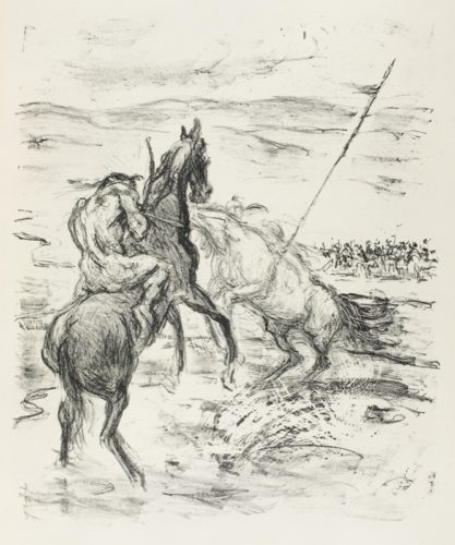 Max Slevogt: Kämpfende indianische Reiter, Lithographie, aus: Lederstrumpf-Erzählungen, Verlag Paul Cassirer, 1909. Graphische Sammlung des Fachs Kunstgeschichte der Universität Trier, Dauerleihgabe aus Privatbesitz, Foto: Andreas Thull.