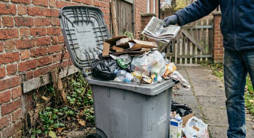 So sollte man es nicht machen: Eine offene Mülltonne wie auf diesem Symbolfoto zieht Schädlinge wie Ratten an. Dicht schließende Abfallbehälter, abgedeckte Regentonnen und sorgfältig verschlossene Spalten tragen dazu bei, einen Befall zu verhindern.         Foto: KI-generiert